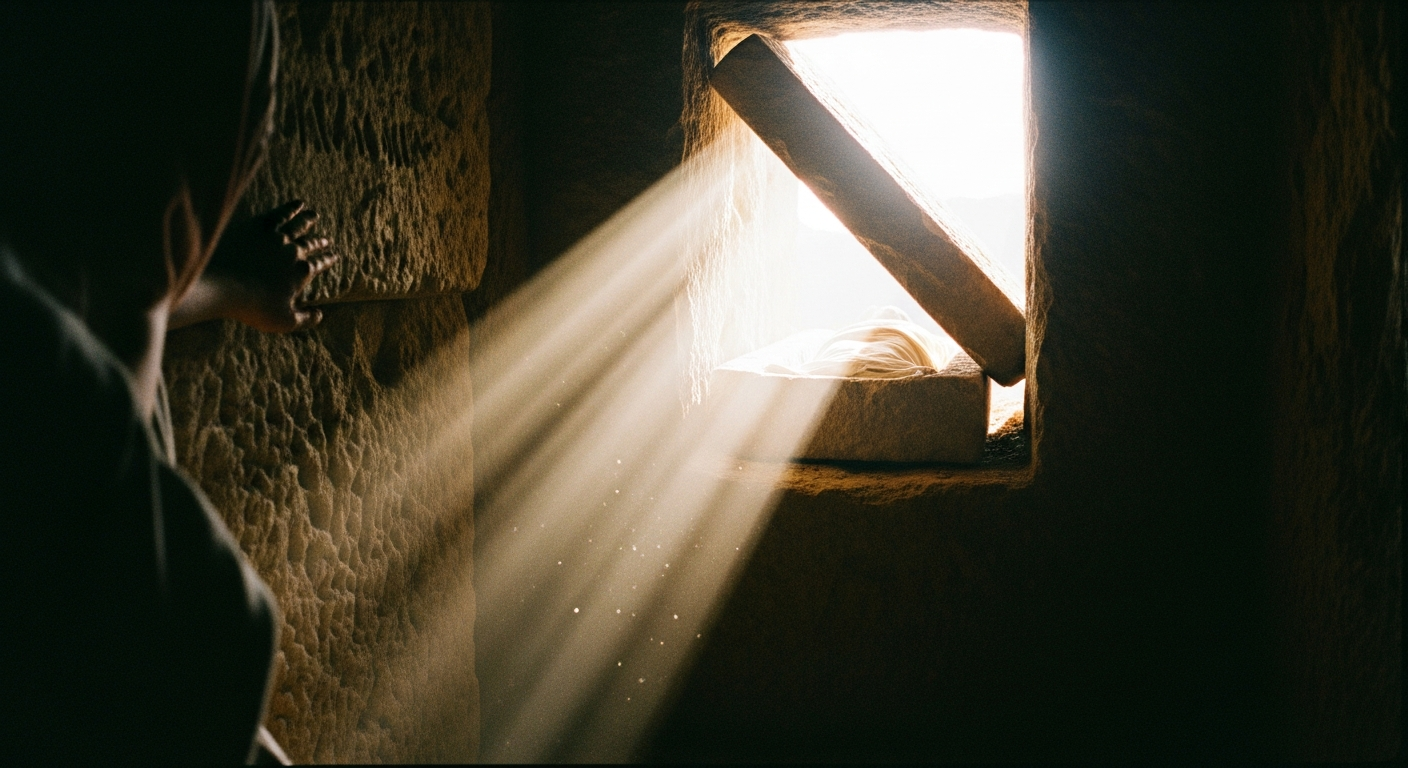 Bright morning light streaming through a partially rolled stone into a dark rock-cut tomb with empty shelf, showing the resurrection and God writing the final word over death