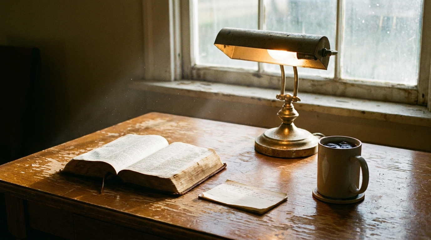 A faded handwritten card beside an open Bible on a quiet church meeting room table, soft afternoon light, documentary still life