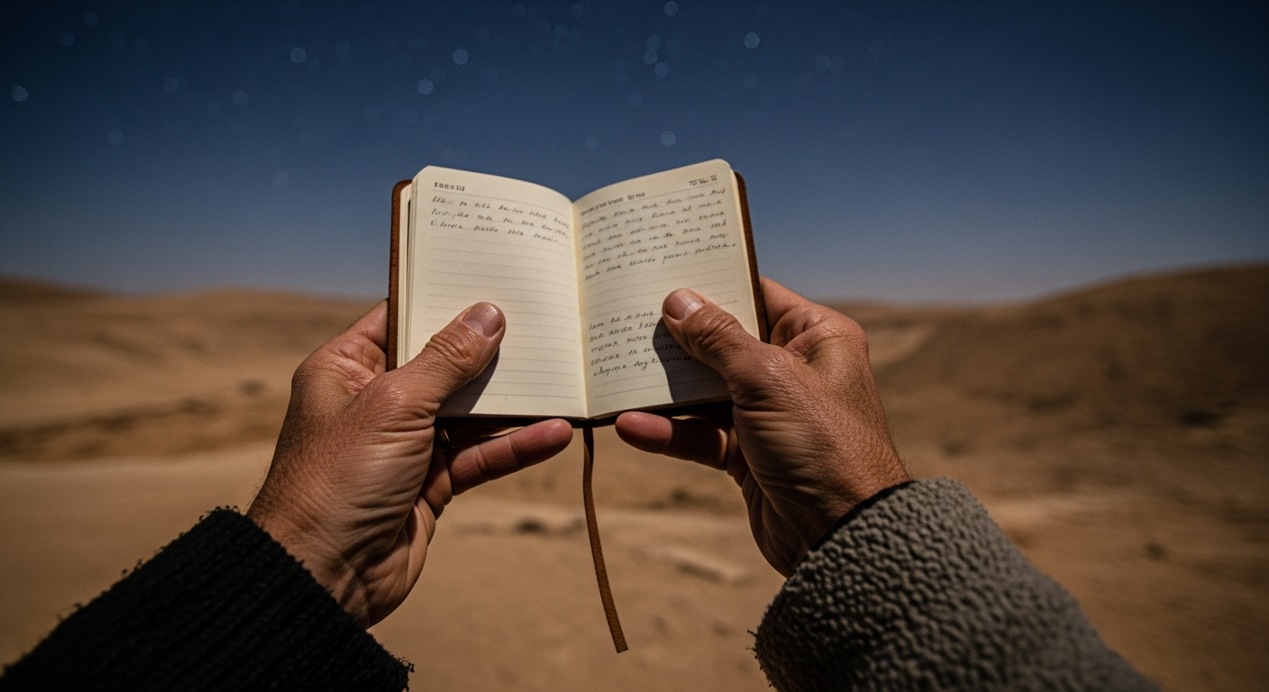 Weathered hands holding an open journal under a starlit desert sky with handwritten pages visible, capturing a believer revisiting God's promises and choosing faith over fear