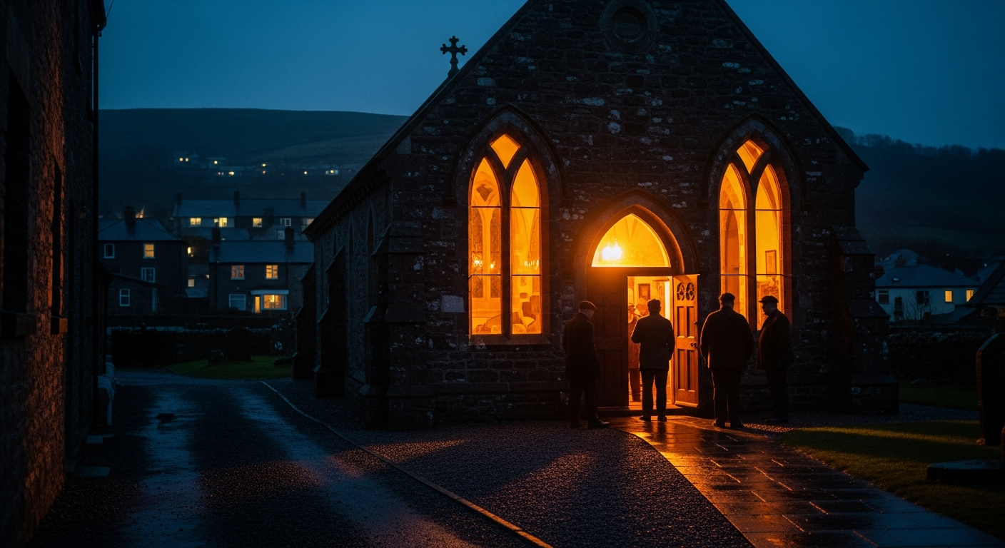 A Welsh stone chapel glowing with warm light at night in 1904, capturing the revival fire where God's Spirit moved through humble prayer across the nation