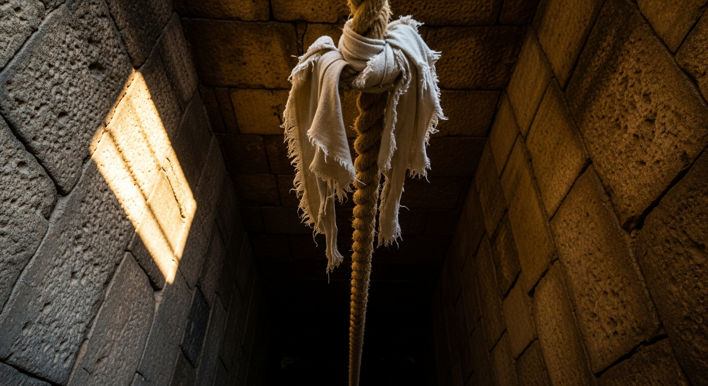 Thick rope lowered into a dark stone cistern in ancient Jerusalem, Ebed-Melech's rescue of Jeremiah showing favour that serves others in faith