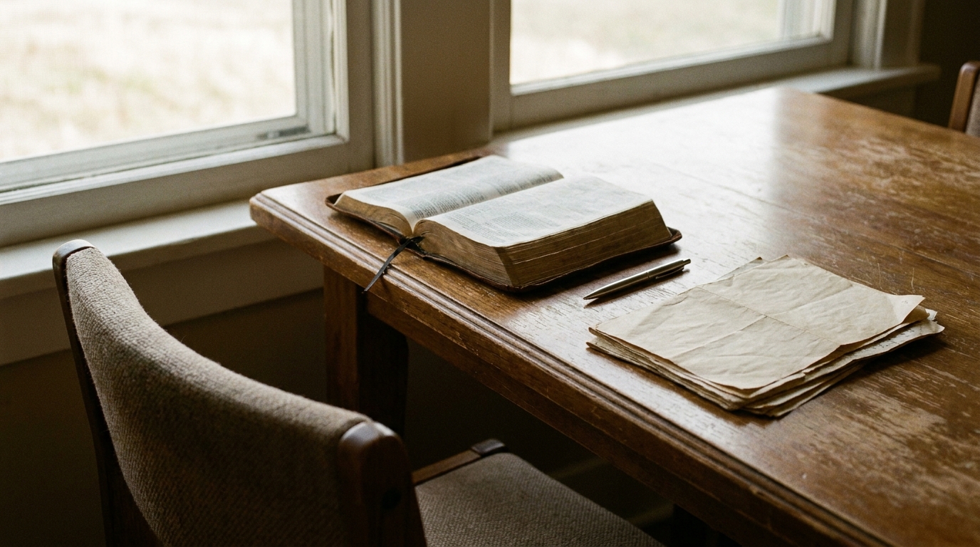 A printed church policy document and a pen resting beside an open Bible on a plain table, soft natural window light, candid documentary still life, no visible faces