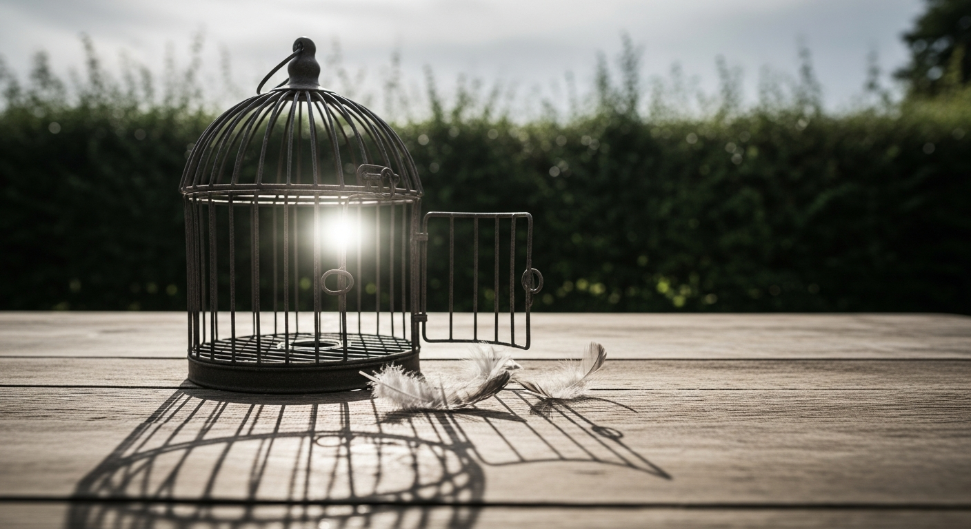 An open birdcage on a weathered table with light pouring through, capturing the moment believers step out of safety into God's risky calling of faith
