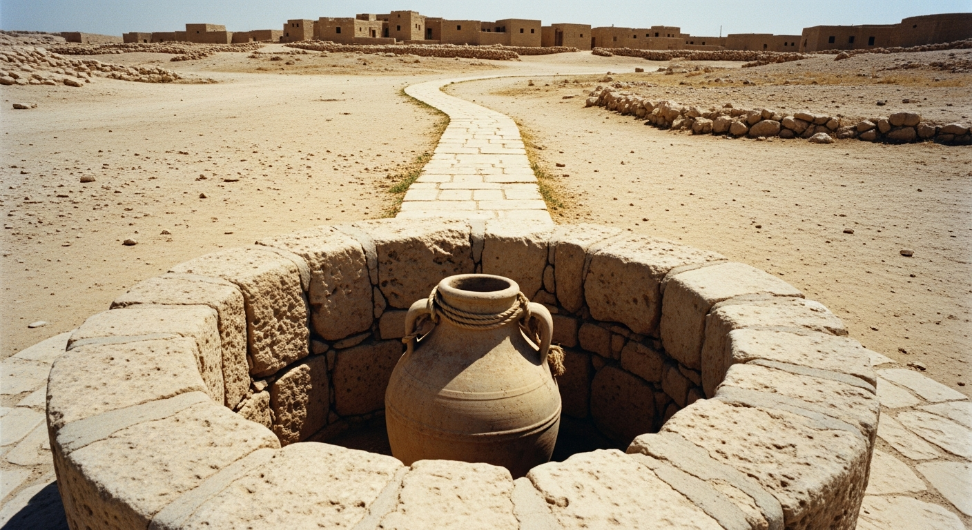 Abandoned clay water jar on an ancient well rim in Samaria under midday sun, the Samaritan woman choosing courageous testimony over hiding