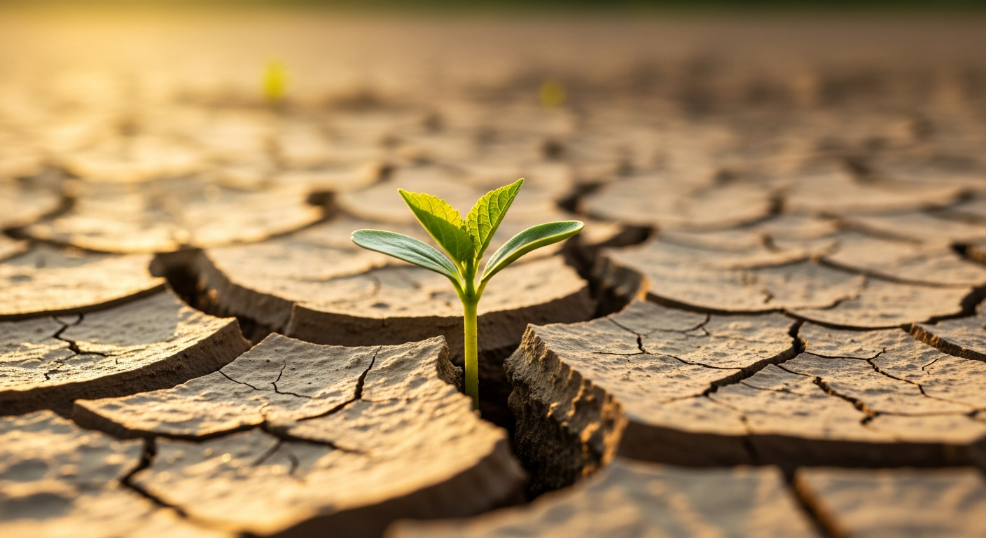 Green shoot emerging from cracked dry earth in warm side-light, what believers release into God's hands becomes seed for the future in faith