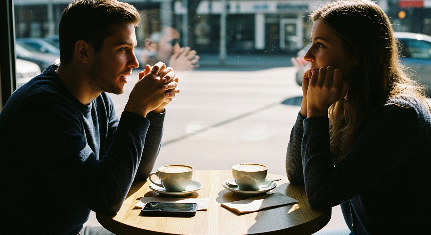 Two friends sharing a personal testimony over coffee in a modern cafe, one speaking earnestly about how God showed up during a hard season