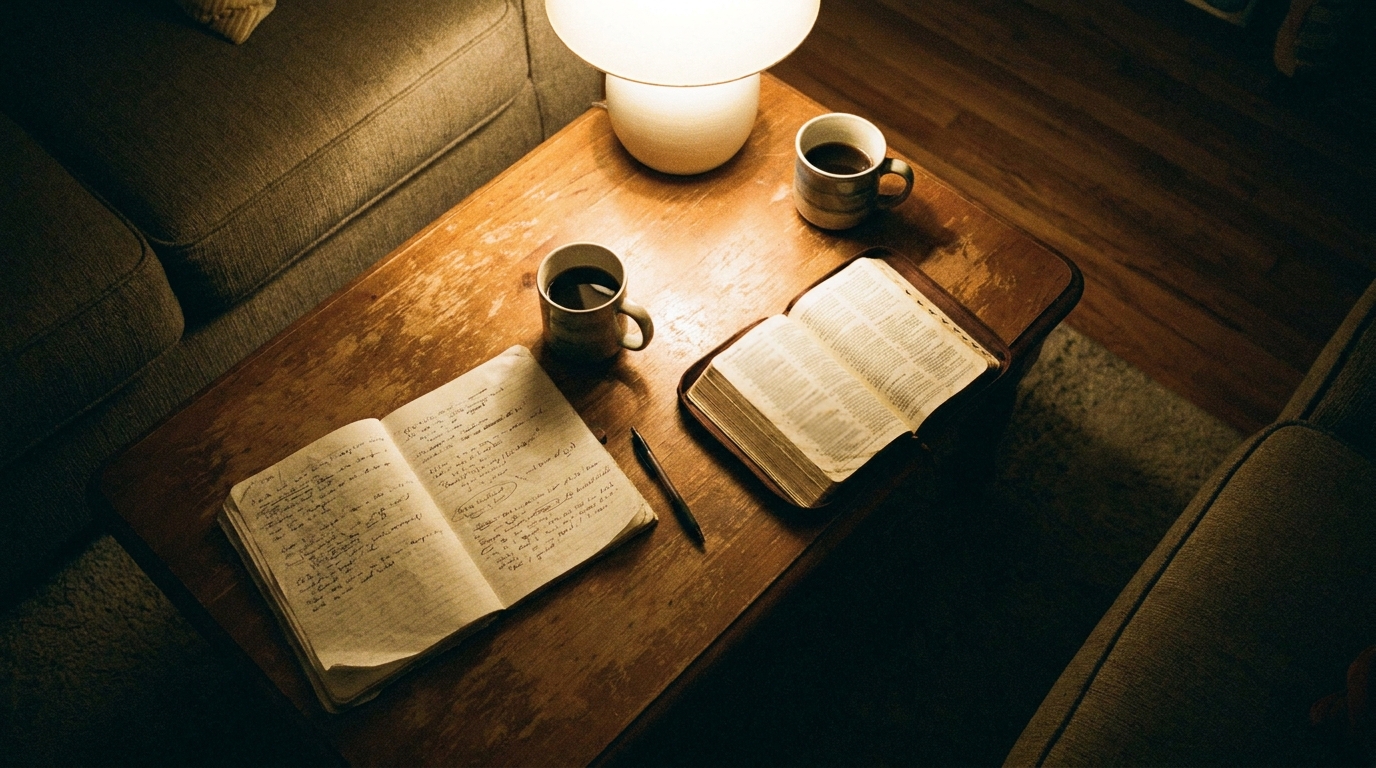 A small group leader's coffee table seen from above with an open notebook, a pen, a Bible and two mugs, candid documentary style, soft evening lamp light