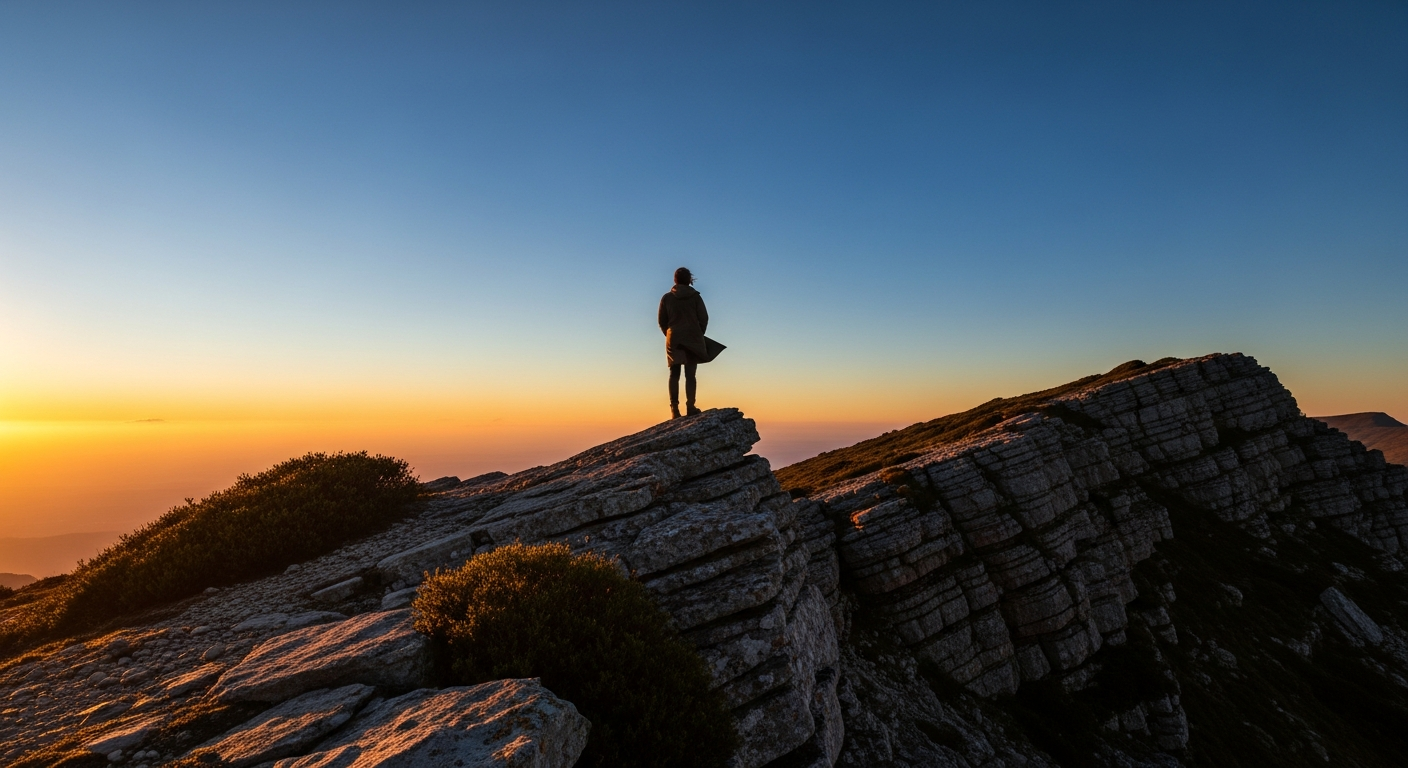 Solitary figure standing resolute on a ridge at dawn after a long season of waiting, ready to speak boldly when God says the time is now