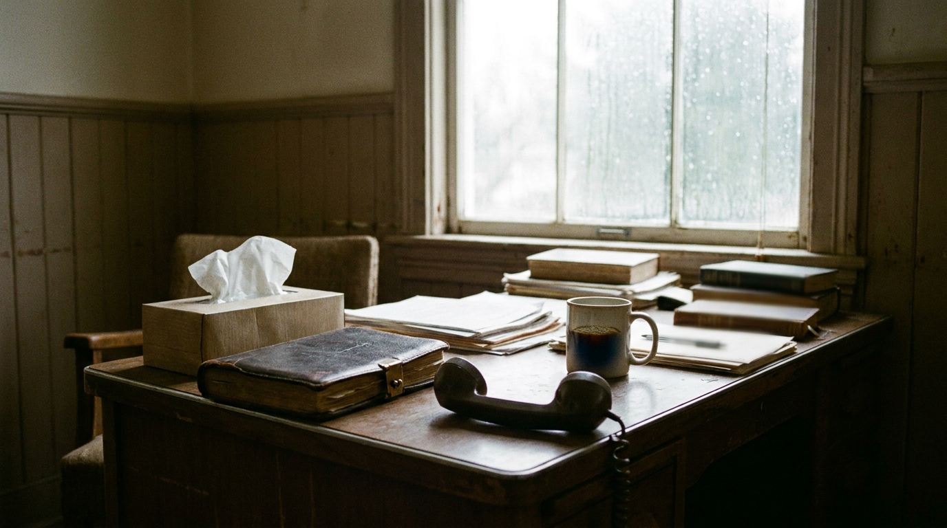 A church office desk with a closed diary, a box of tissues and a phone lying face down in overcast window light