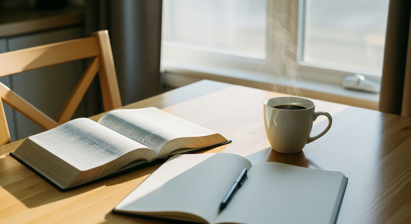 Quiet morning scene with an open Bible, journal, and steaming coffee on a wooden table by a window, the beginning of a spiritual disciplines practice