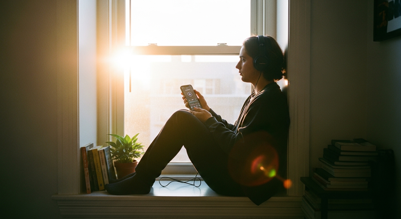 Young person sitting with headphones and a phone open to a spiritual app with warm sunlight streaming through a window, practising faith with modern tools