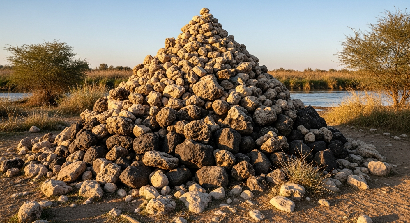 Twelve river stones stacked as a memorial cairn on dry ground, spiritual discipline of remembering God's promises to build faith for tomorrow