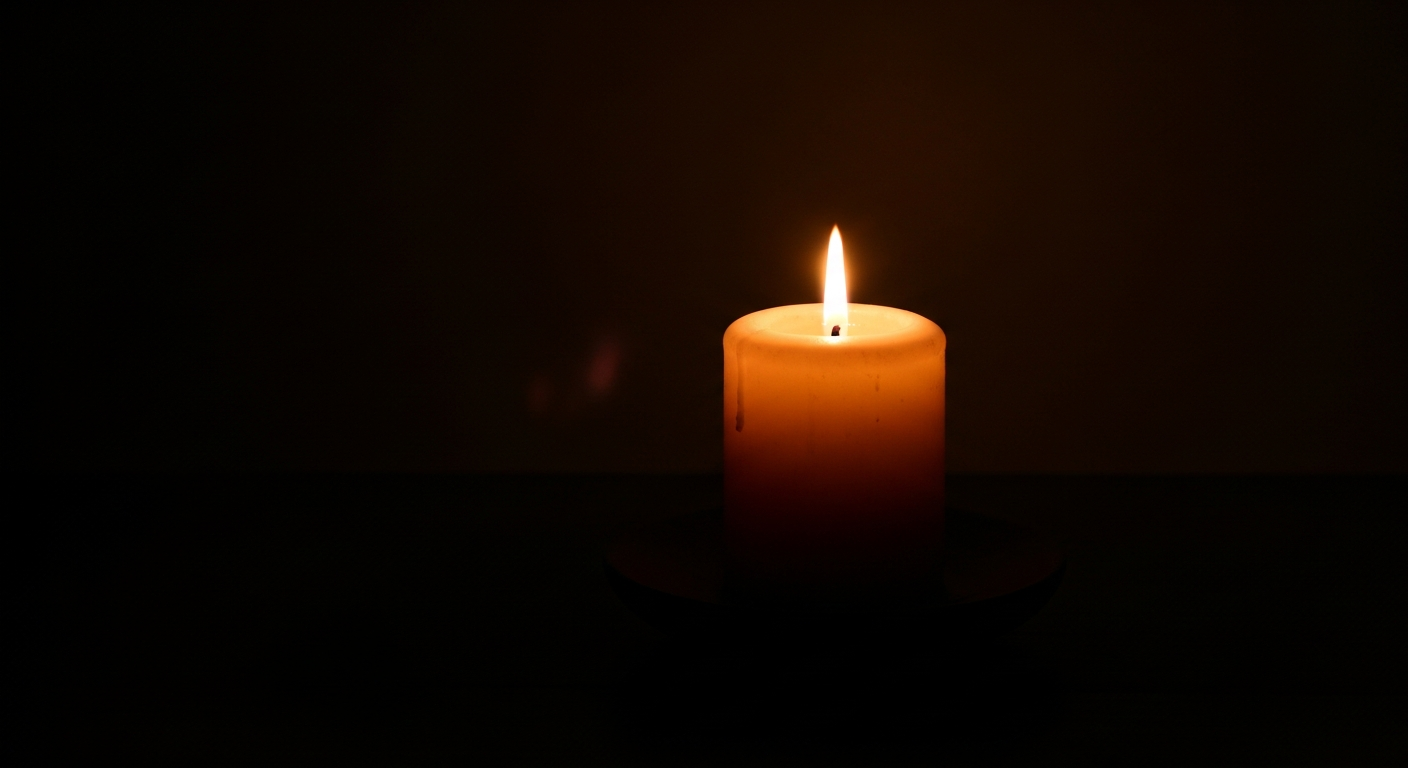 Single candle flame burning steady on a desk at night while wind blows outside, quiet conviction of faith enduring through opposition
