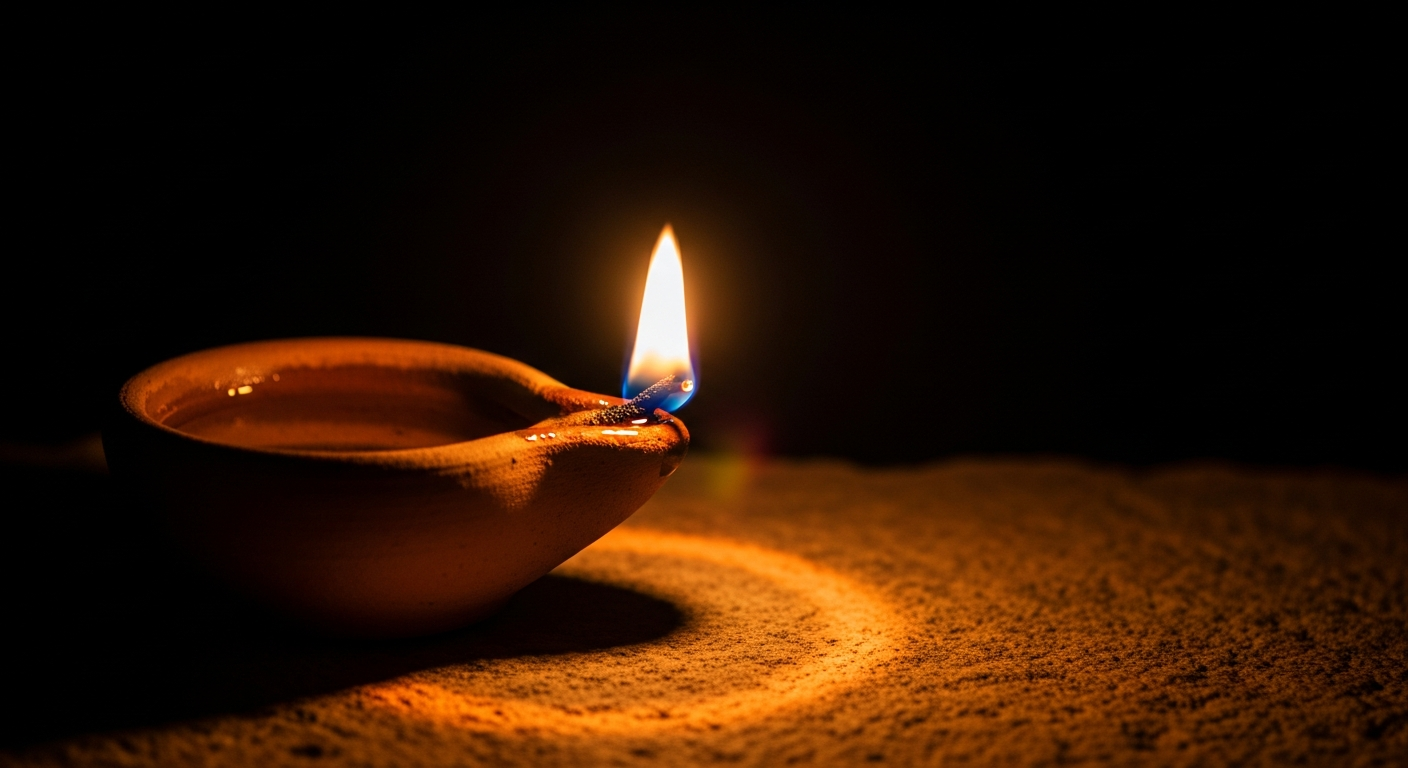 Ancient clay oil lamp with a steady flame burning in total darkness, standing firm in faith and believing God's promises through scripture