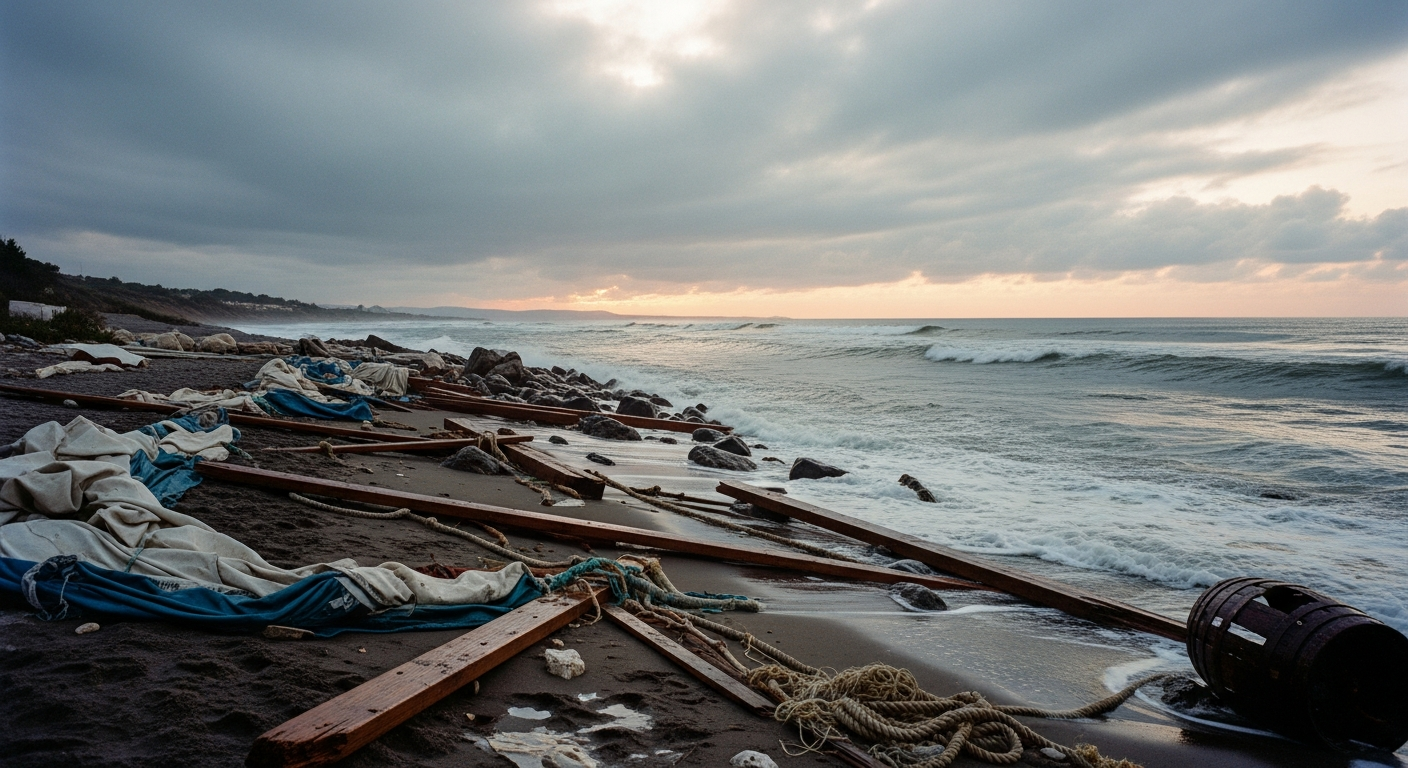 Mediterranean shoreline at dawn after a shipwreck with debris on wet rocks, prophecy giving believers the grit to endure through the darkest storms