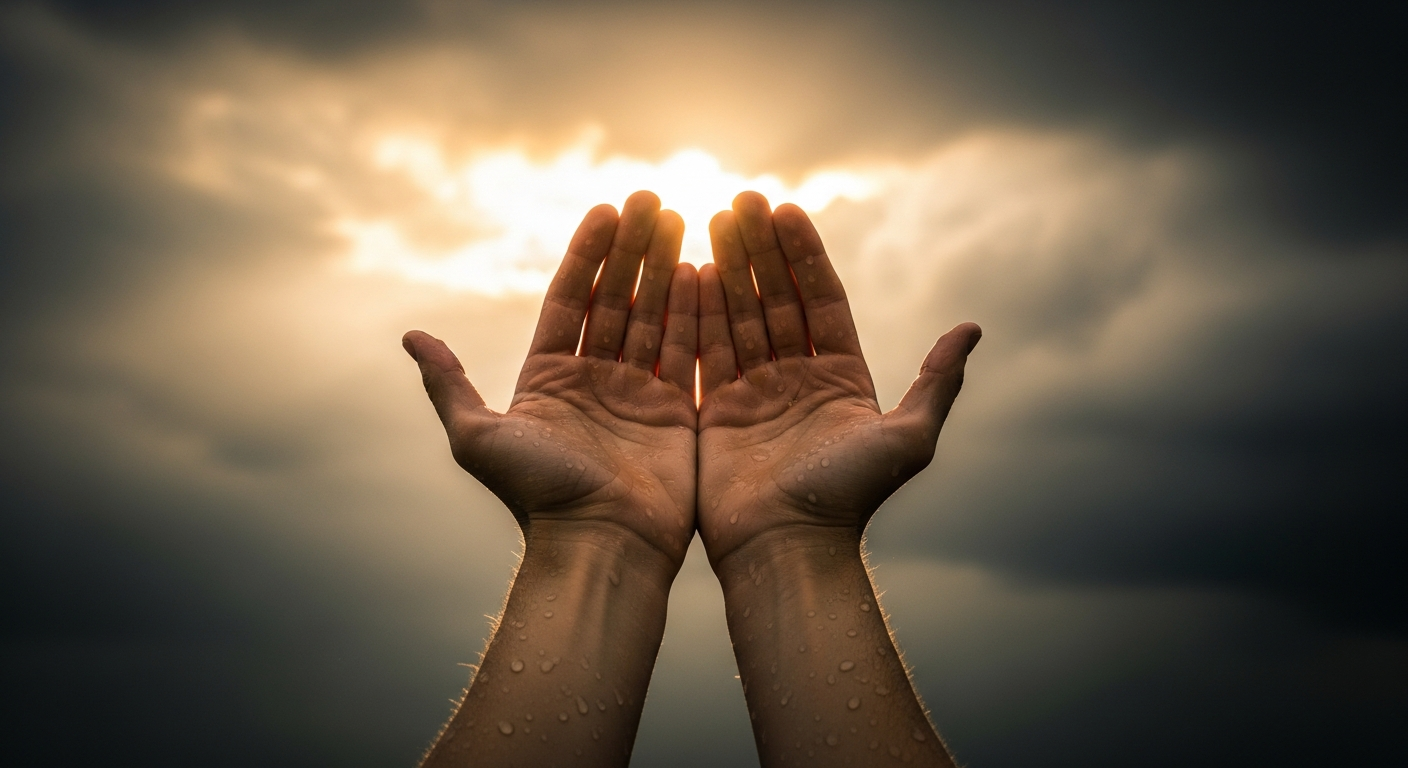Open hands held palm-up under storm clouds with warm light breaking through, surrender expanding what God can do when we release control in faith