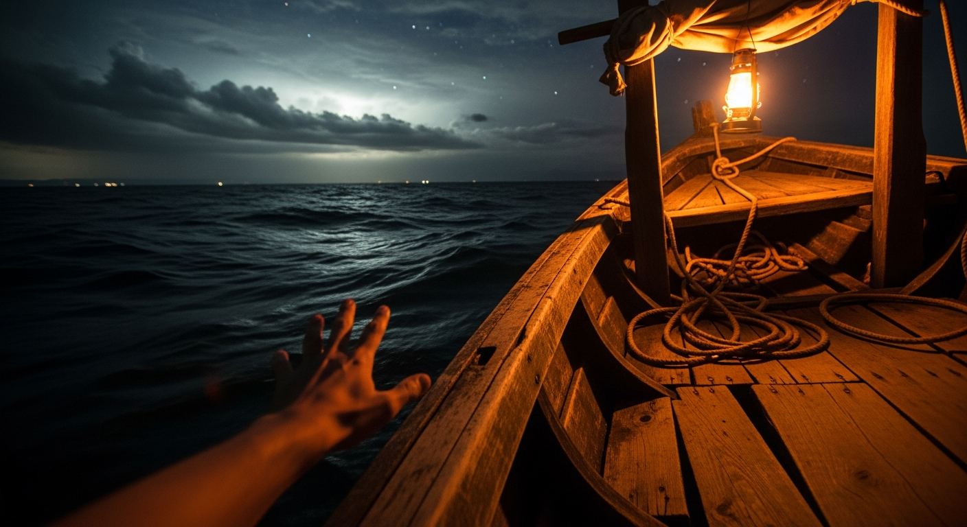 Hand reaching from a storm-tossed boat on the Sea of Galilee at night, taking heart as God speaks courage and encouragement to believers