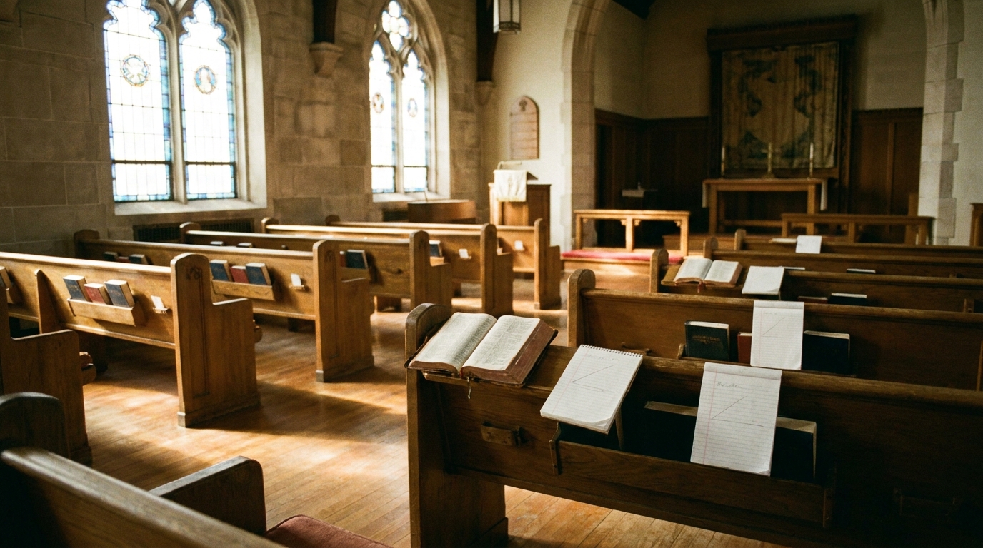 An empty church sanctuary with open Bibles and notepads set on the pews in soft morning light, ready for a teaching series
