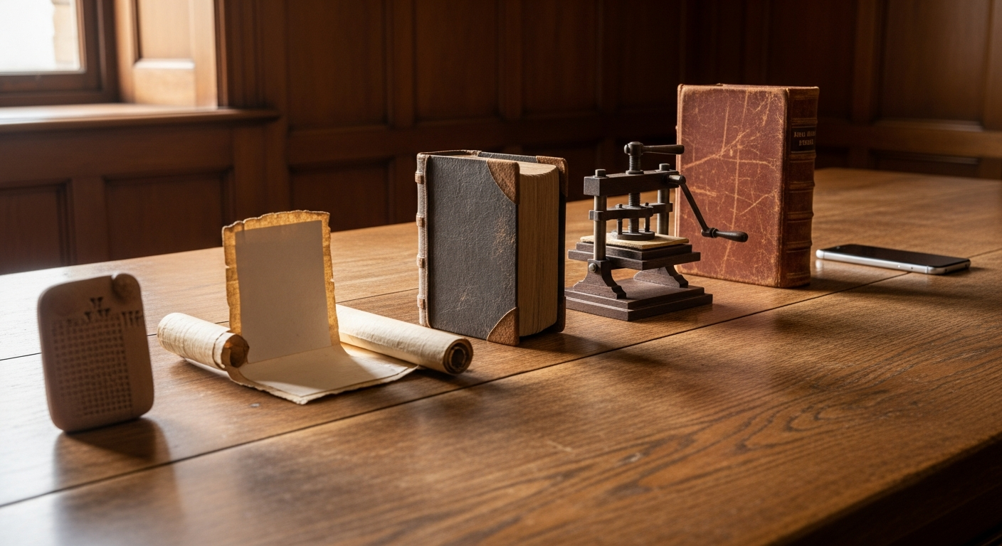 Timeline of communication tools from clay tablet to smartphone on a wooden table, how technology carries God's voice through every era