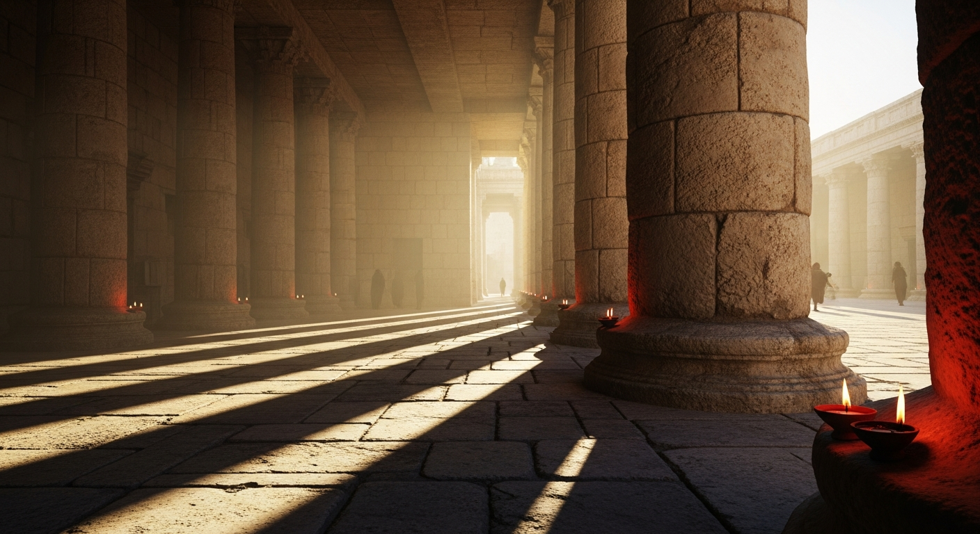 Jerusalem Temple colonnade at dawn with golden light filtering between stone columns, Anna's decades of faithful prayer overflowing into public proclamation