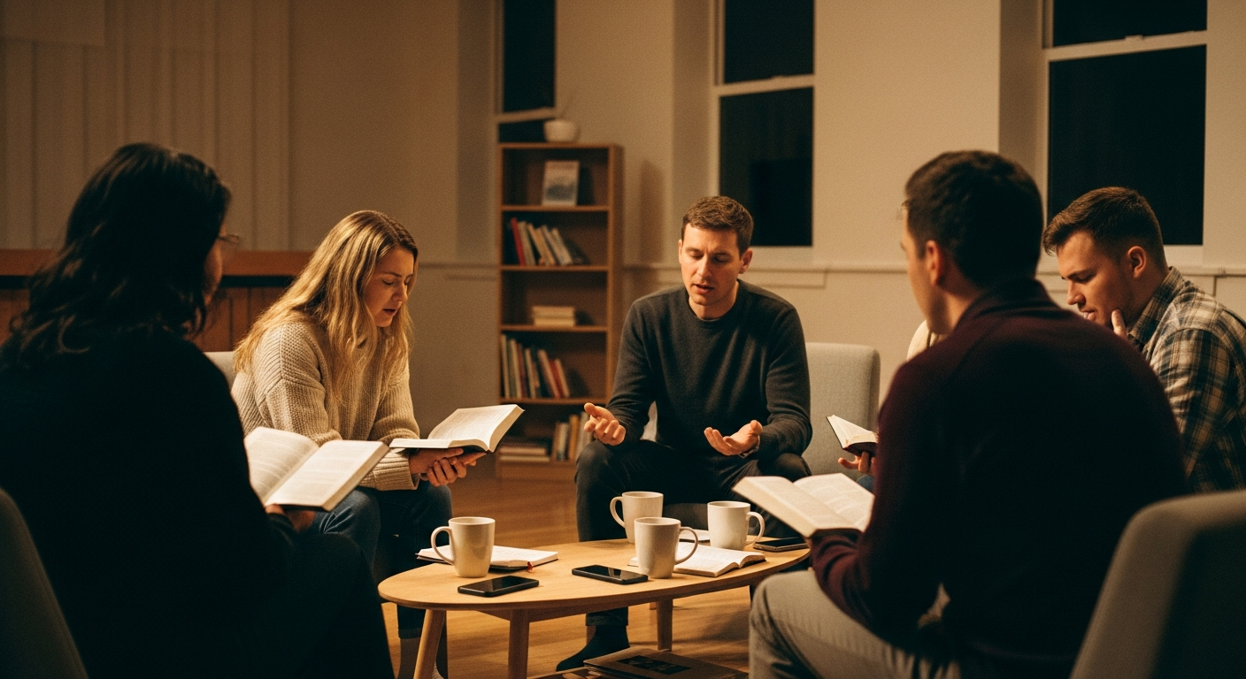 Five believers praying together with open Bibles, discovering how real testimonies of answered prayer can transform the way they talk to God