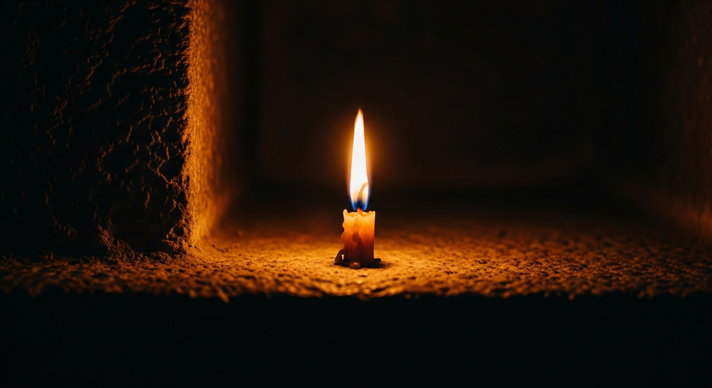 Single steady candle flame burning on rough stone in deep darkness, illustrating testimony as a living declaration of faith in what God has done for believers