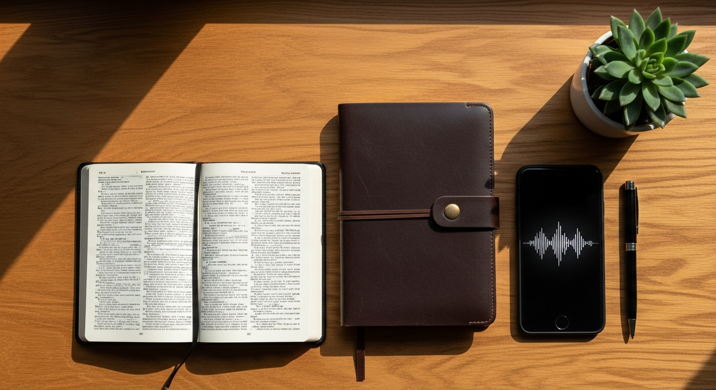 Journal, smartphone voice recorder, and Bible on a desk ready for testimony practice exercises to help believers write and record their faith story