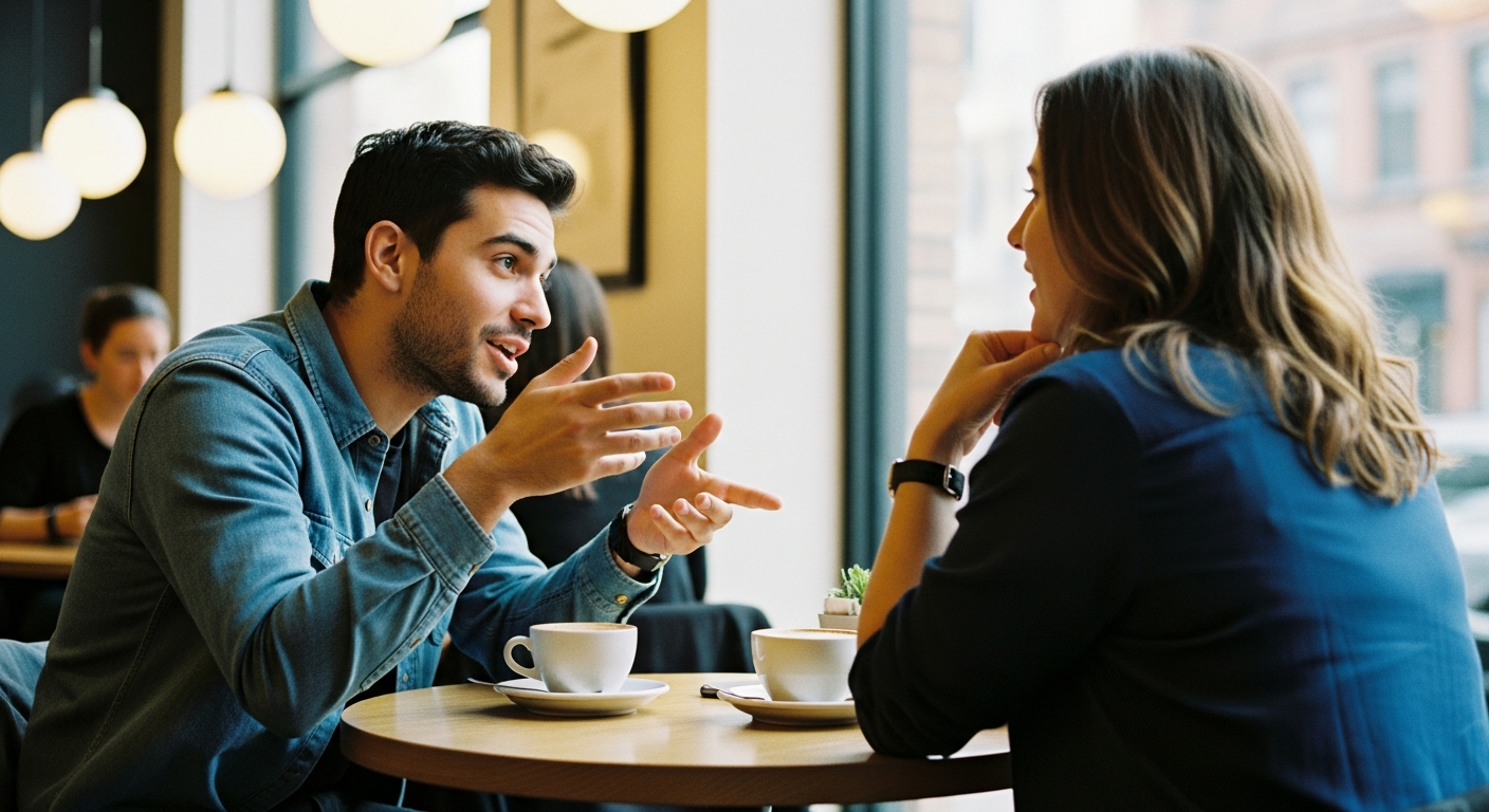 Two friends sharing faith testimonies over coffee, reflecting how Doxa connects believers through real Grace Record stories and Engage conversations