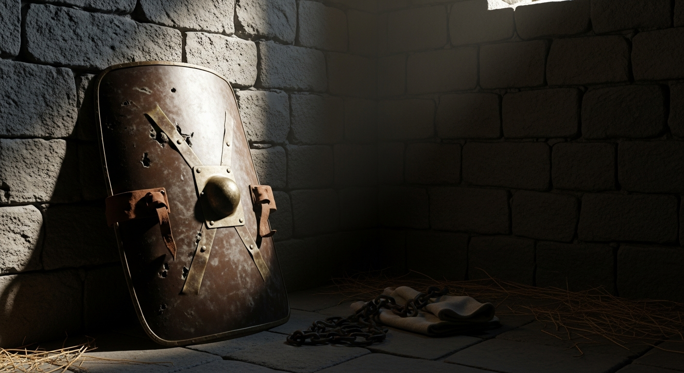 Battle-worn bronze shield in a Roman prison cell, testimony as a weapon of faith believers use to overcome through God's promises