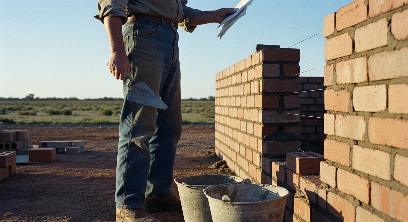 Bricklayer reading a note on an Australian construction site at dawn, Peter Daniels building a life on God's prophetic word and faith