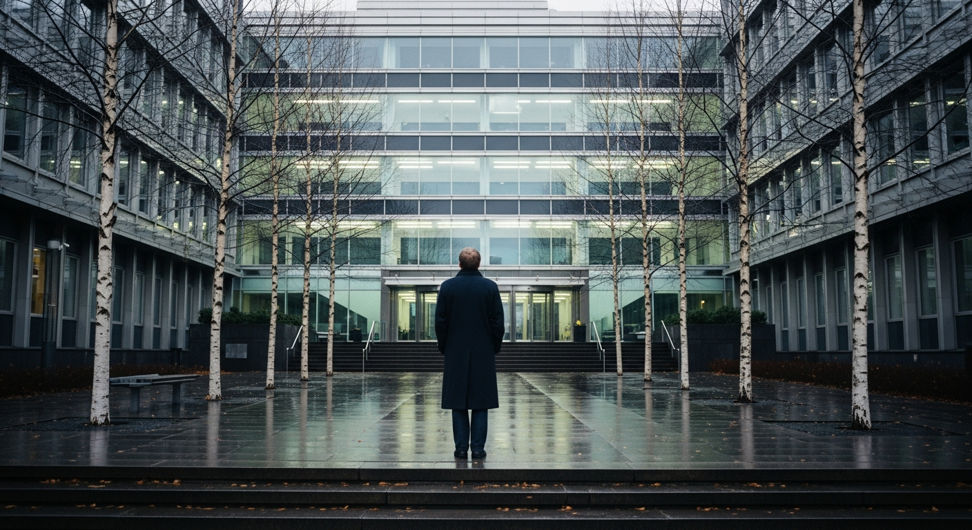 Solitary figure standing before a Scandinavian office building on a grey day, the cost of conviction when faith meets resistance in business