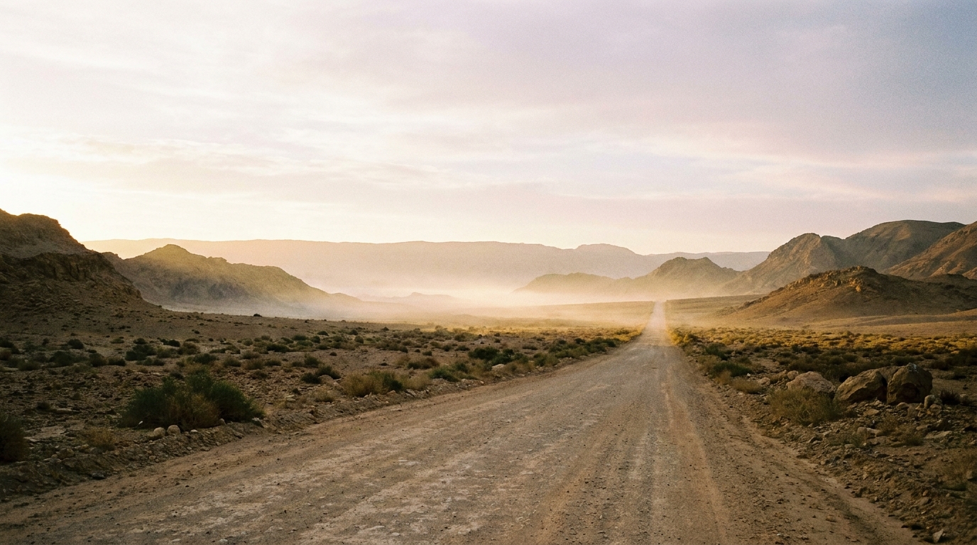 Sunrise breaking over an open ancient landscape, a long straight road running toward the horizon under a brightening sky