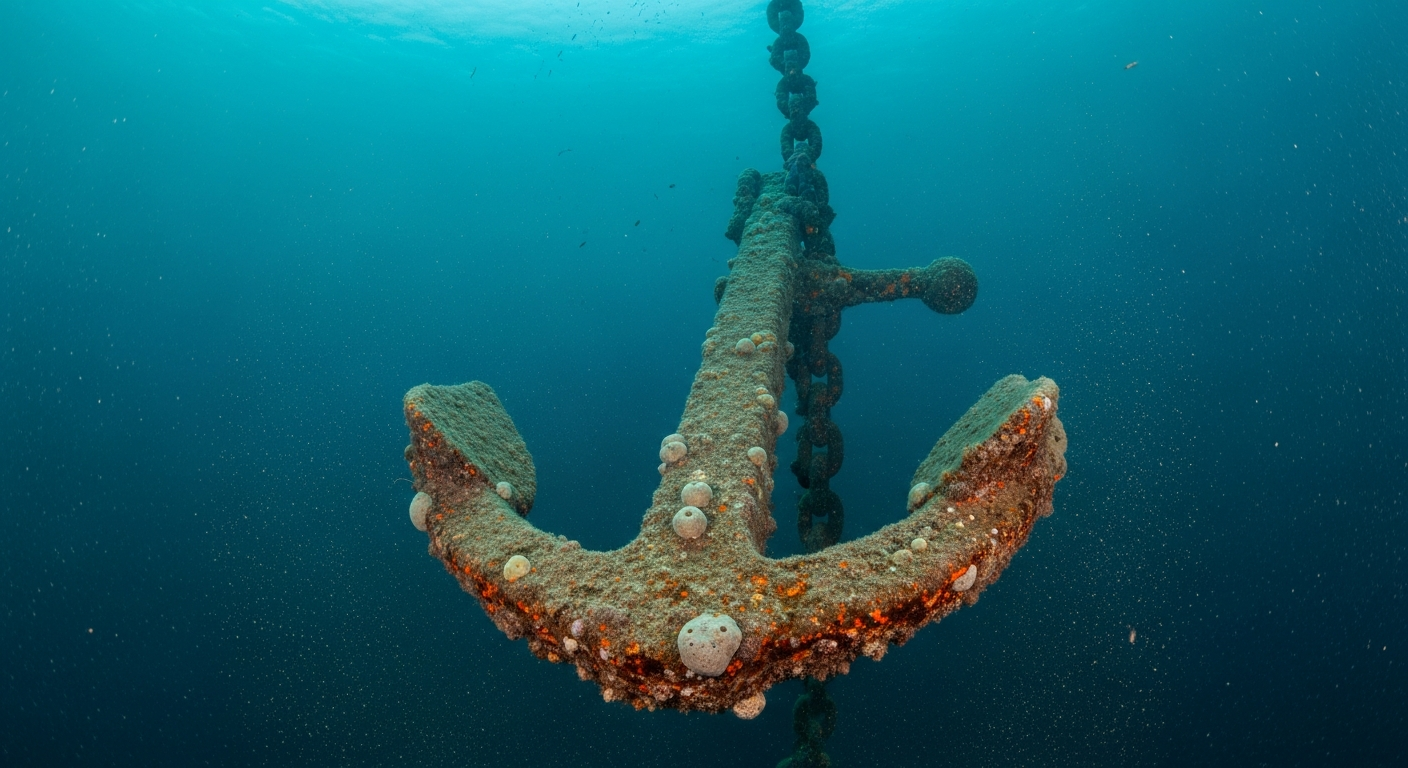 Iron anchor sinking into deep dark water with chain trailing to the surface, prophetic words as anchors that keep faith alive through storms