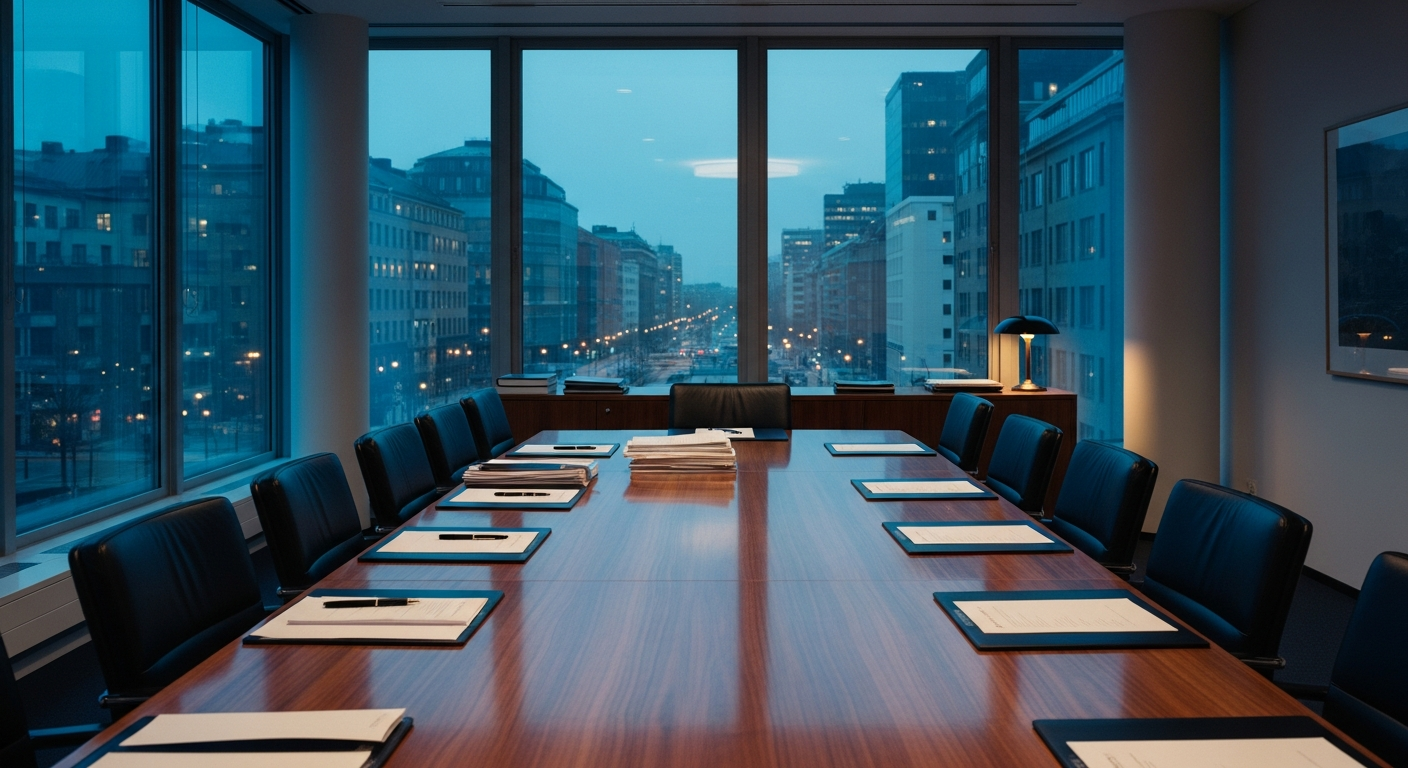 Empty boardroom at dusk with city lights reflected in floor-to-ceiling windows, the hollow ache of worldly success without God's presence