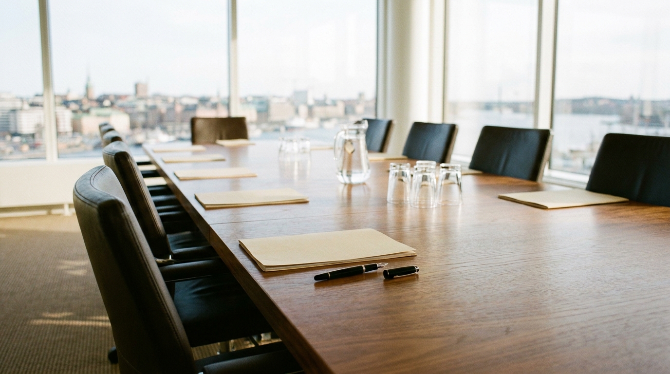 An empty boardroom high above Stockholm, a long walnut table with closed folders and empty leather chairs before floor-to-ceiling windows, the hollow ache of worldly success without God's presence