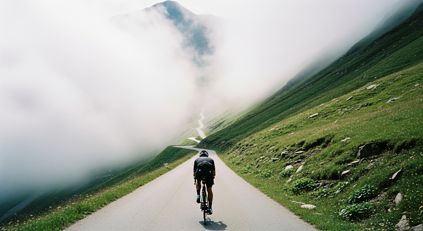 Lone cyclist ascending a steep unmarked alpine road disappearing into mountain cloud, a solitary image of endurance and perseverance on the climb