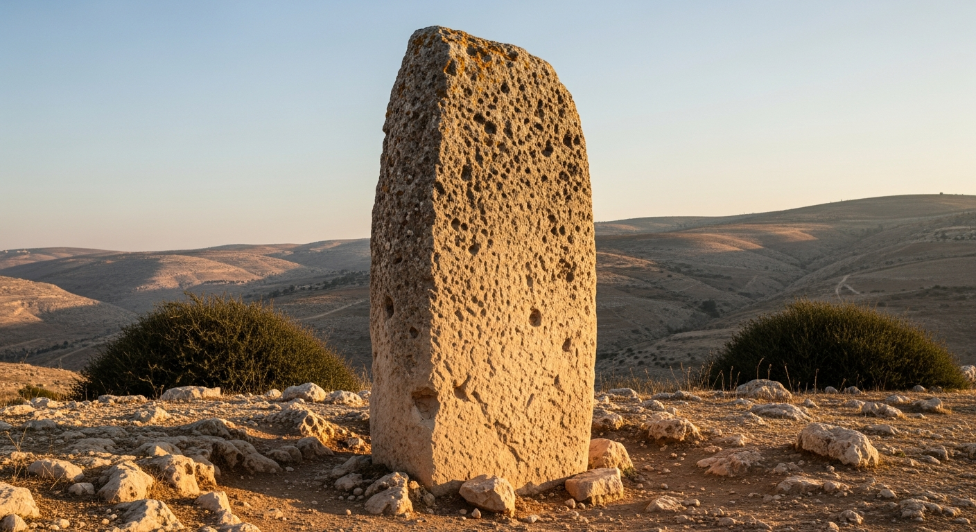 Massive ancient standing stone deeply rooted in Judean hill country earth, a permanent Ebenezer memorial weathered by centuries but unmoved