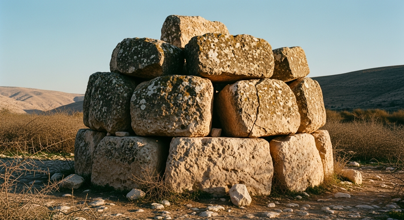 Ancient stone memorial of twelve heavy rough-cut boulders stacked as a permanent monument beside a Jordan Valley riverbed, weathered by millennia of desert wind
