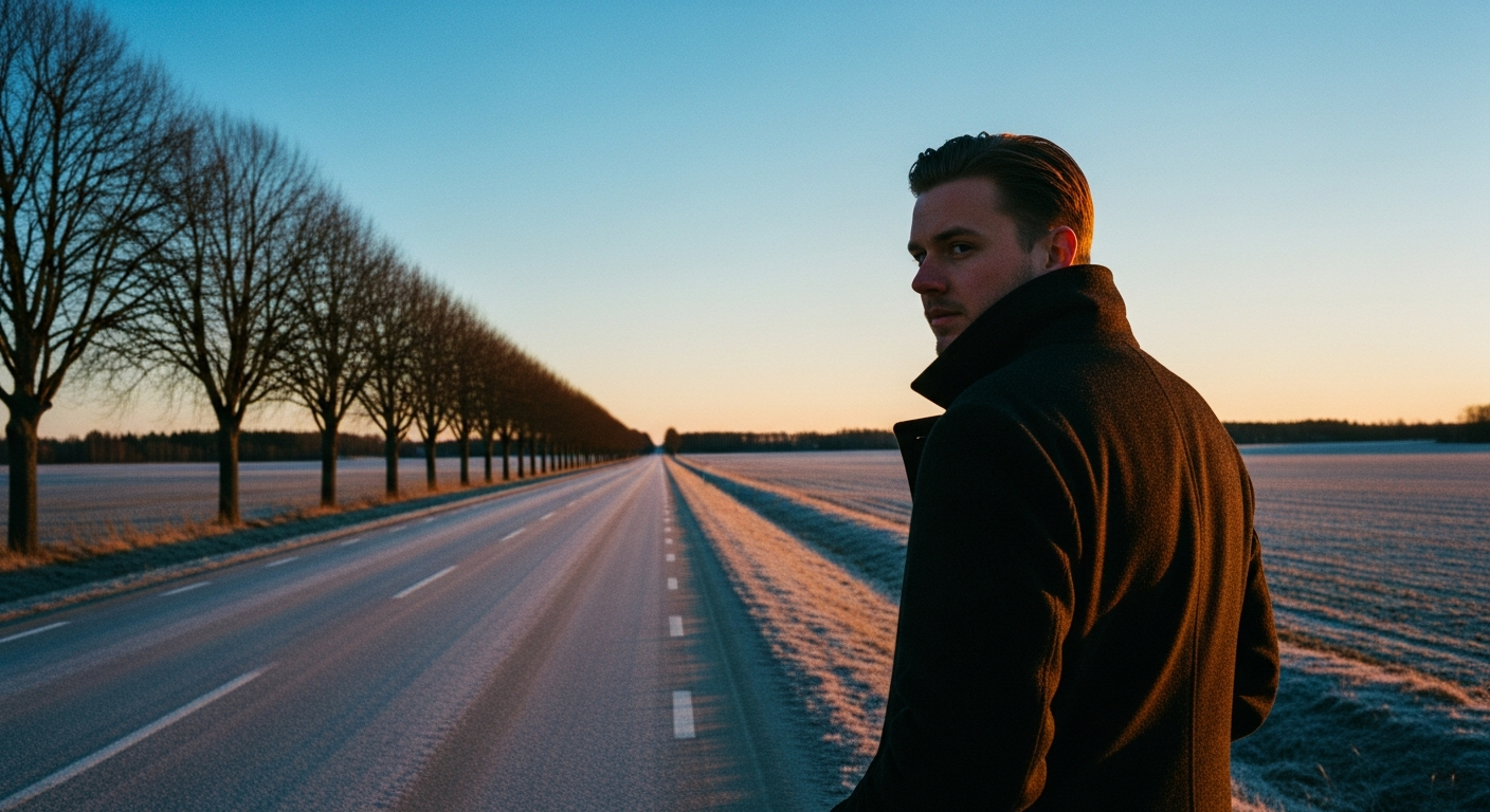 Man looking back over a long road at dusk in the Swedish countryside, quiet triumph of faith and the legacy of perseverance and obedience