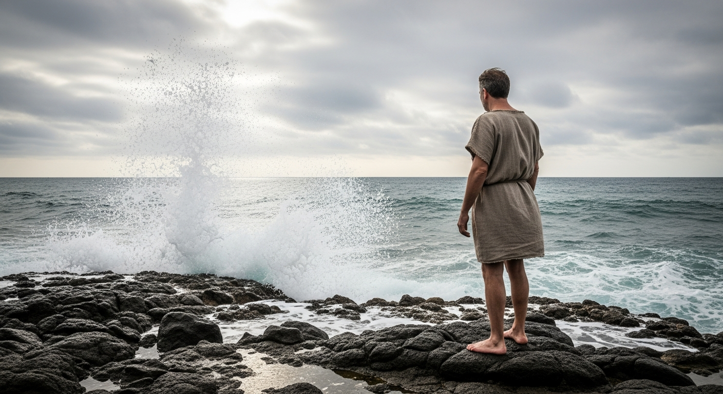 Figure standing firm on a rocky Mediterranean shore as waves crash around them, steadfast faith against forgetfulness through prophetic words