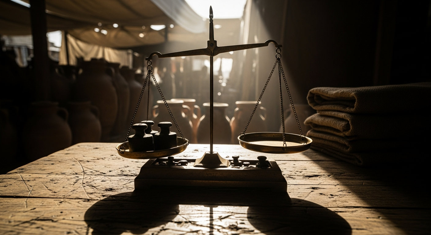 Bronze balance scale with one pan in shadow and one catching sunlight in a market, the sacred trade of giving up comfort to gain God's courage
