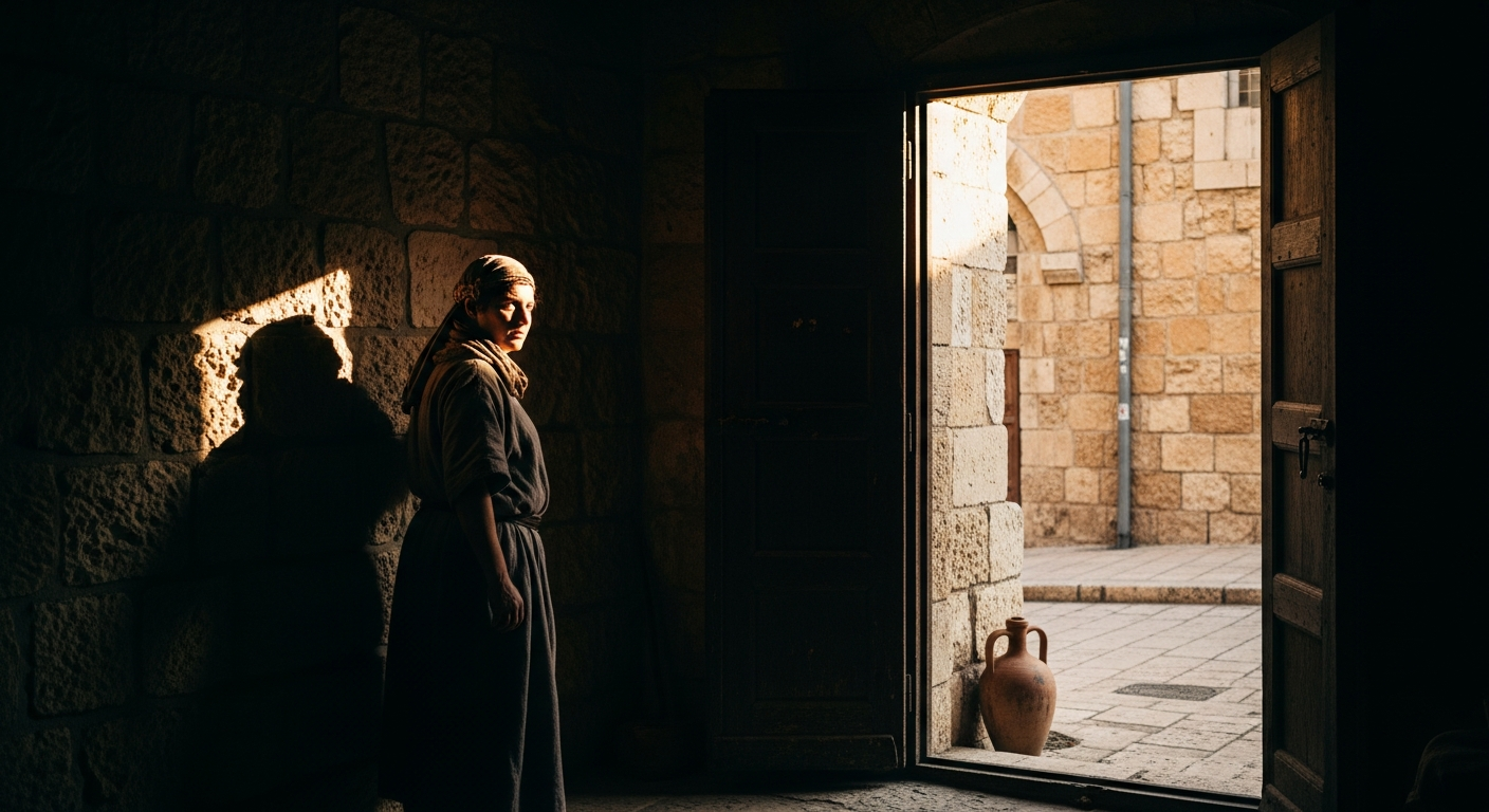 Figure turning toward a beam of light in a dark stone doorway, courage and faith to face the voice of God believers have been avoiding