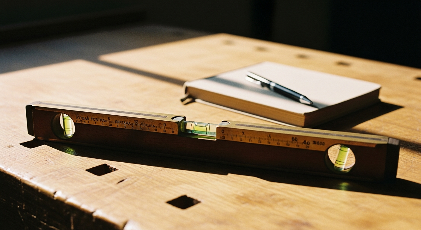A carpenter's spirit level resting on a worn oak workbench in warm morning light, the bubble settled exactly between the two marks, soft documentary still life