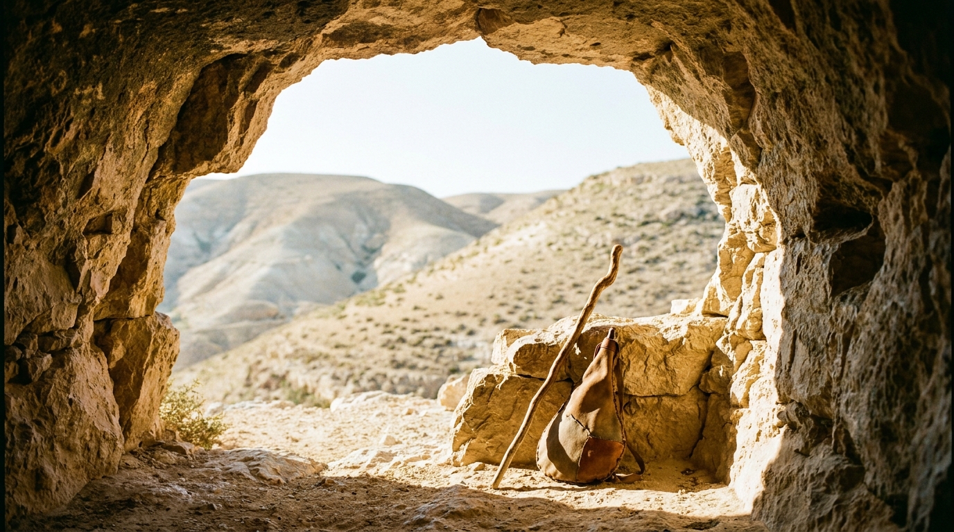 The sunlit mouth of a limestone wilderness cave at daybreak with a worn staff and water skin resting just inside the entrance, open desert hills visible beyond, evoking the hidden, wandering faithfulness of Hebrews 11