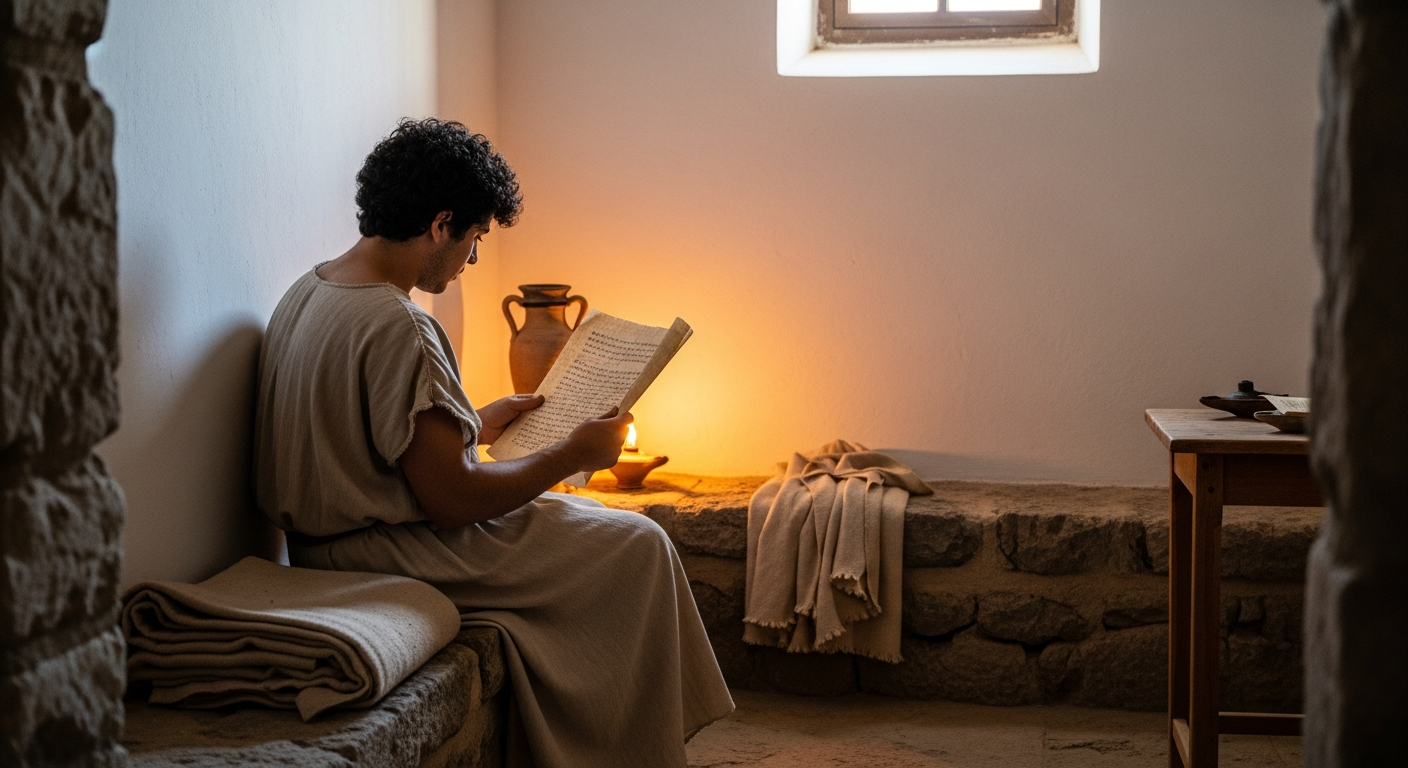 Timothy reading Paul's letter by oil lamp in an Ephesian house church, the young leader fanning the flame of faith and prophetic legacy with courage