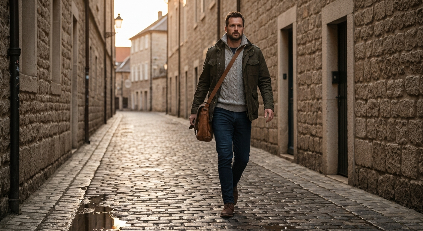 Man walking purposefully down a cobblestone street at dawn, morning light on stone walls, fighting the good fight of faith like Timothy