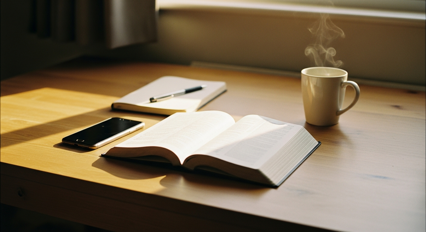 An open Bible in warm morning light with a smartphone lying face-down and screen-off beside it, a scene of setting the phone aside to sit with Scripture first