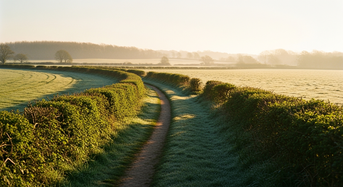 A narrow footpath curving away through dewy English countryside toward distant trees in soft golden early-morning light, an open way ahead in the quiet of morning
