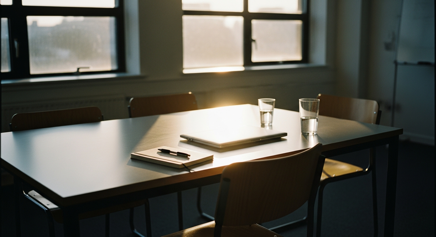 A modest office meeting room in soft morning light before anyone arrives, chairs drawn up around a plain table with a closed laptop and a notebook, a room waiting quietly before a meeting begins