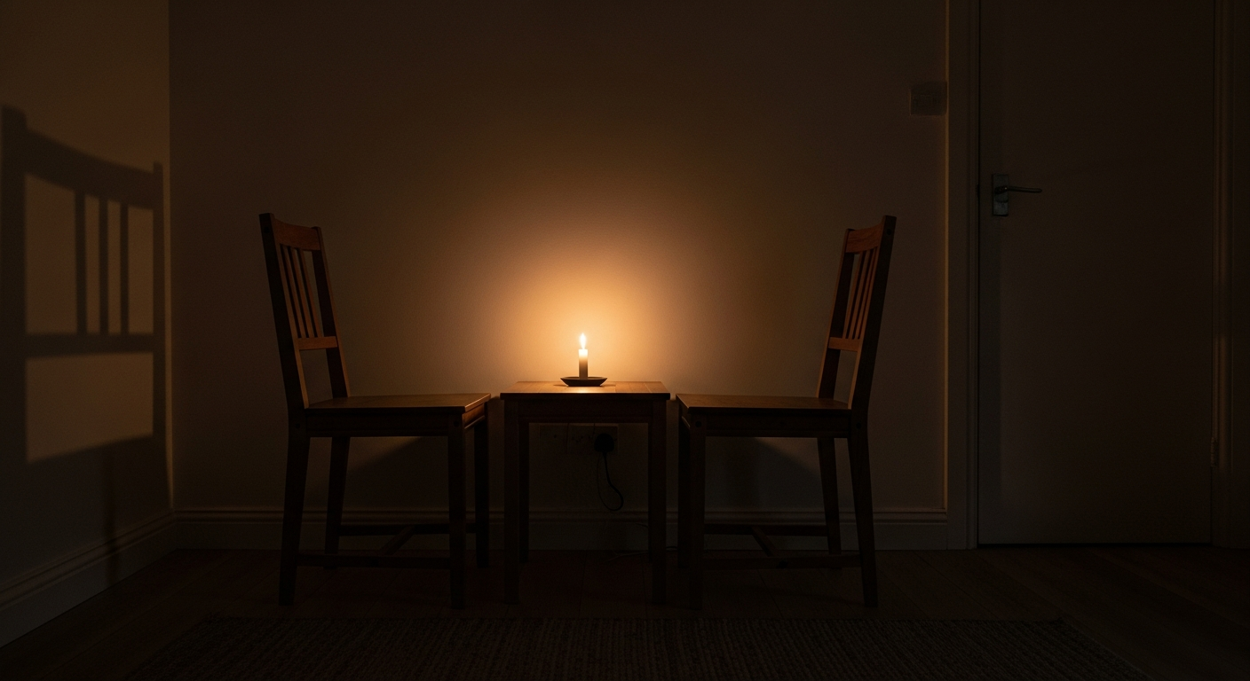 Two wooden chairs facing each other with a candle between them in a dim room, the intimate courage of speaking truth within family in faith